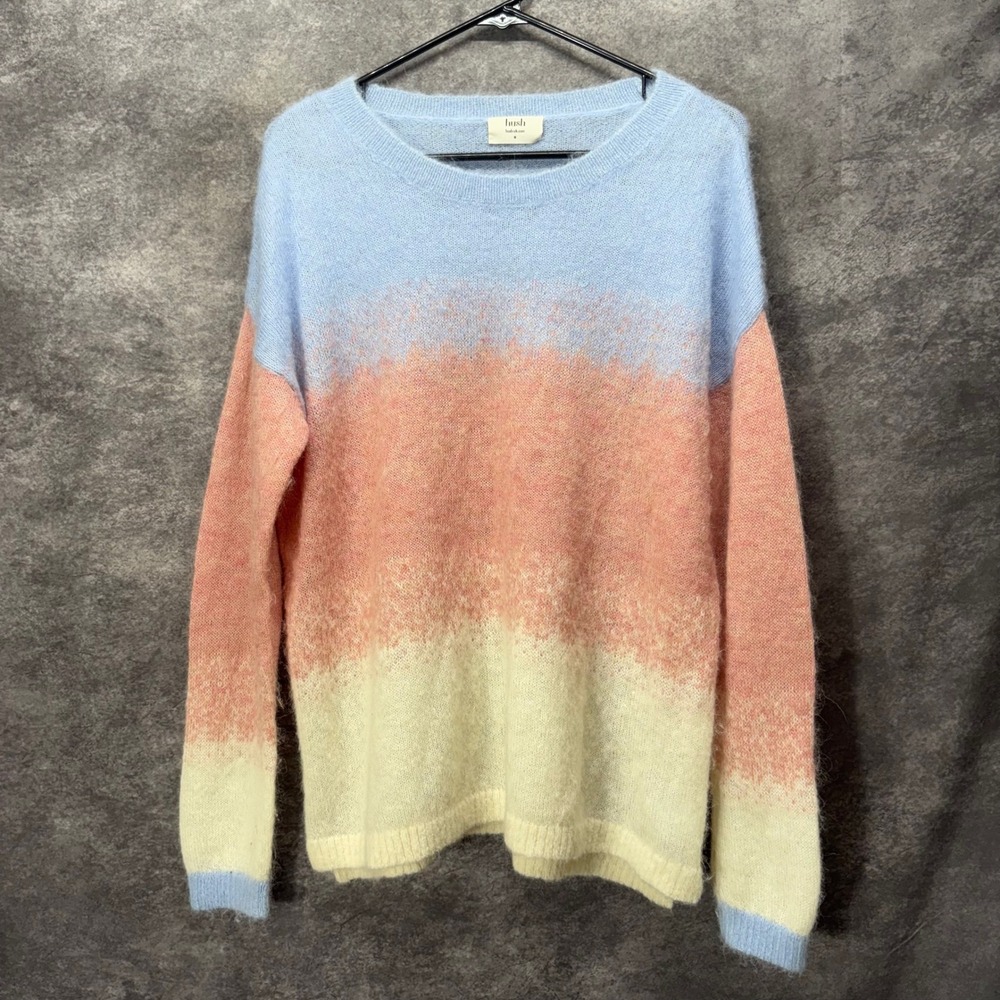 Hush Baby Alpaca Blend Ombre Stripe Fuzzy Knit Sweater Women's M Blue Pink